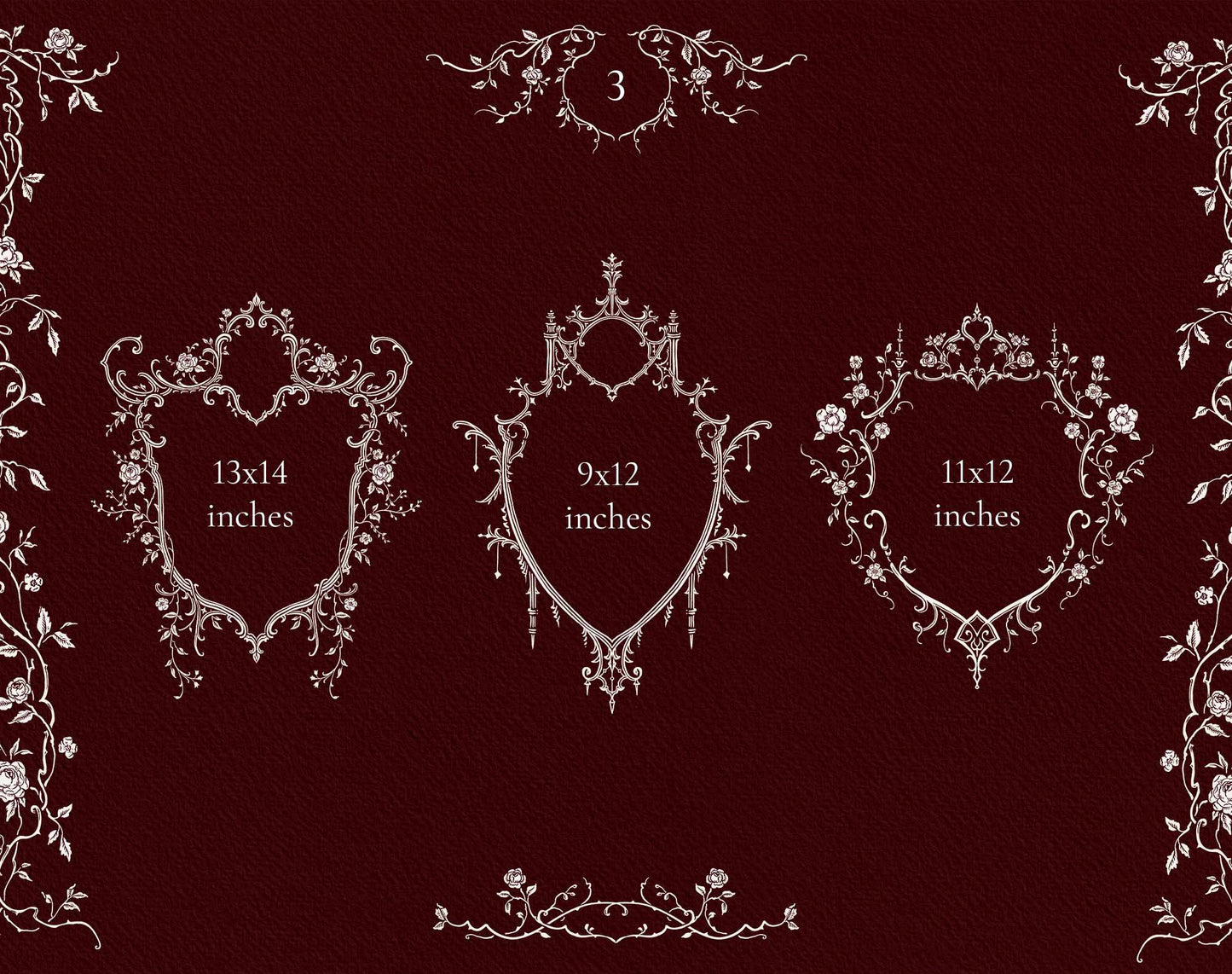 Three ornate Gothic crest-style frames with pointed, floral, and architectural details.