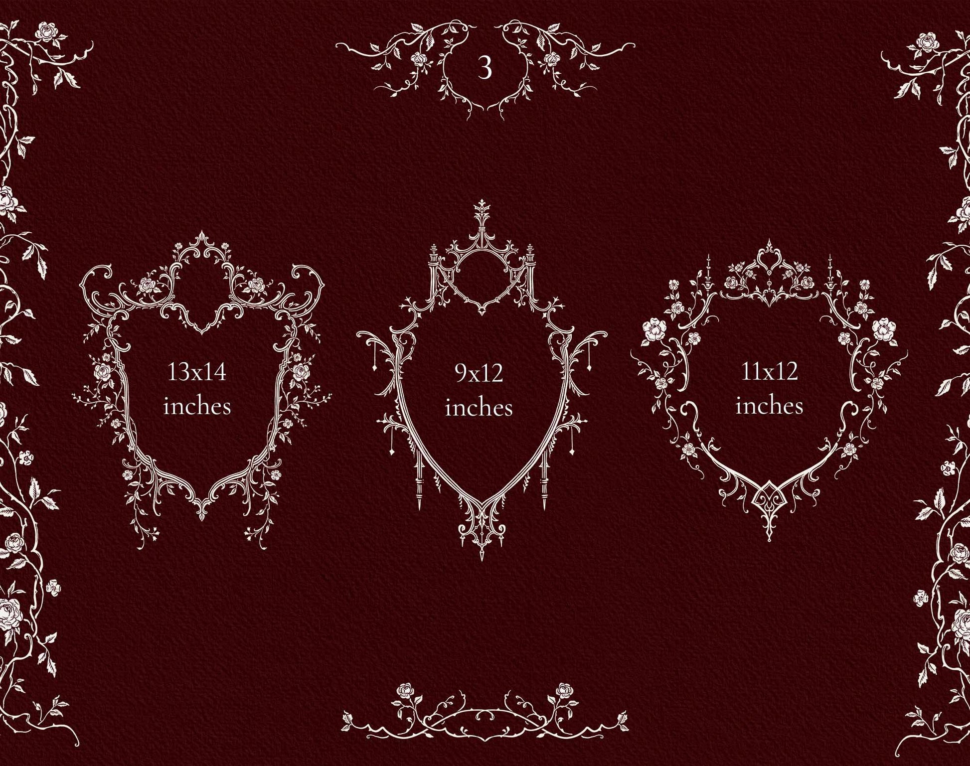 Three ornate Gothic crest-style frames with pointed, floral, and architectural details.