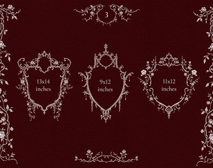 Three ornate Gothic crest-style frames with pointed, floral, and architectural details.