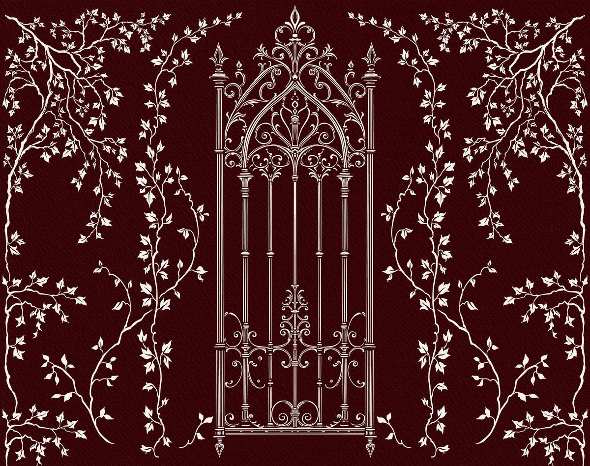 Decorative wrought-iron Gothic gate framed by curling vines and leaves.