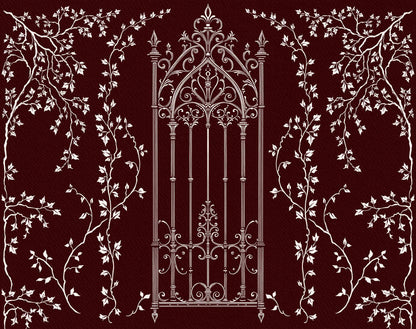 Decorative wrought-iron Gothic gate framed by curling vines and leaves.
