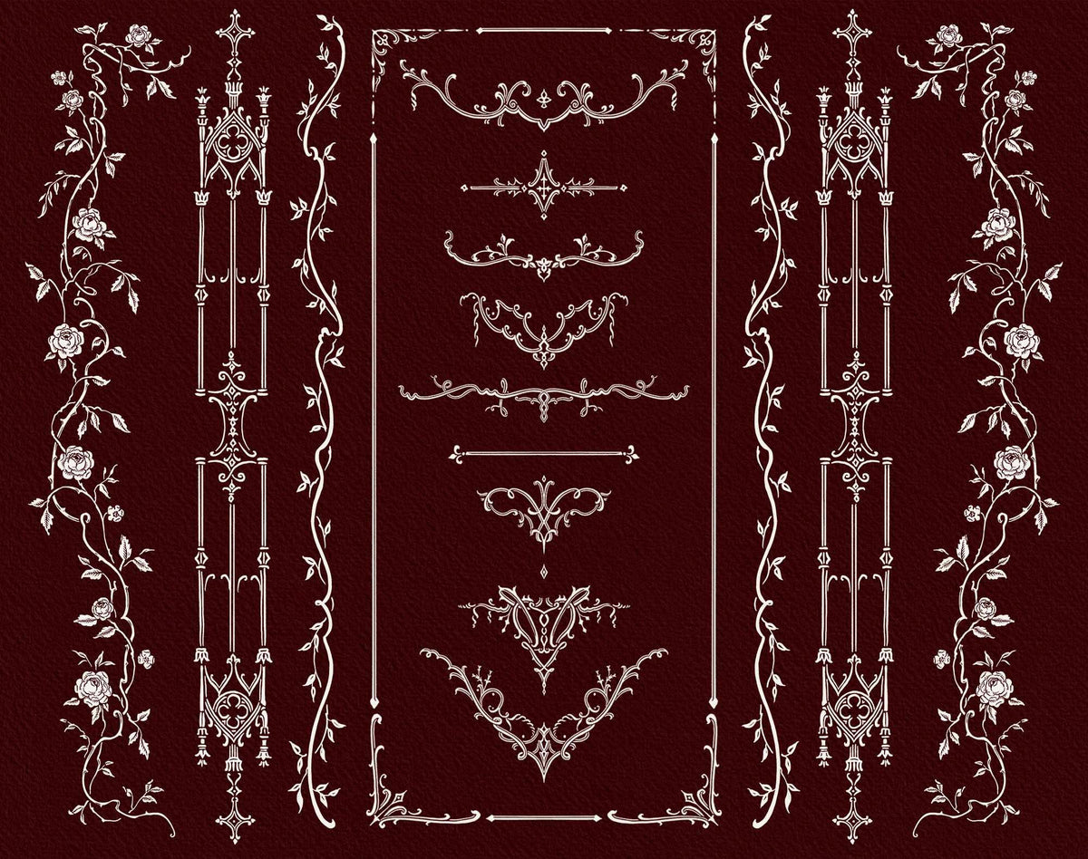 Assortment of Gothic Romance border elements, including tall architectural ornaments, vine dividers, and floral corner details.