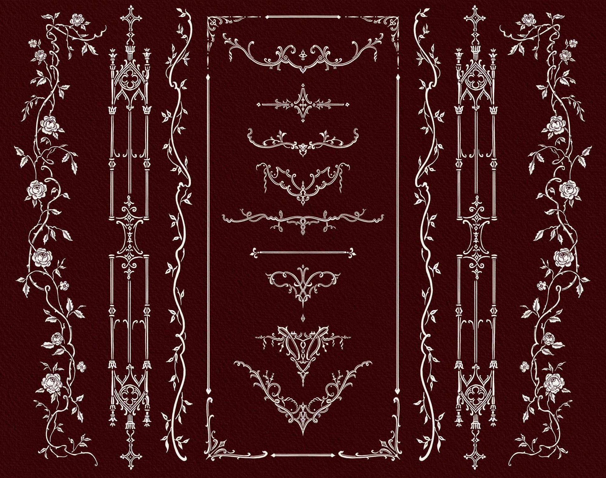 Assortment of Gothic Romance border elements, including tall architectural ornaments, vine dividers, and floral corner details.