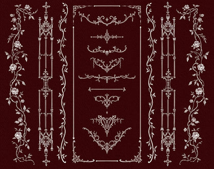 Assortment of Gothic Romance border elements, including tall architectural ornaments, vine dividers, and floral corner details.