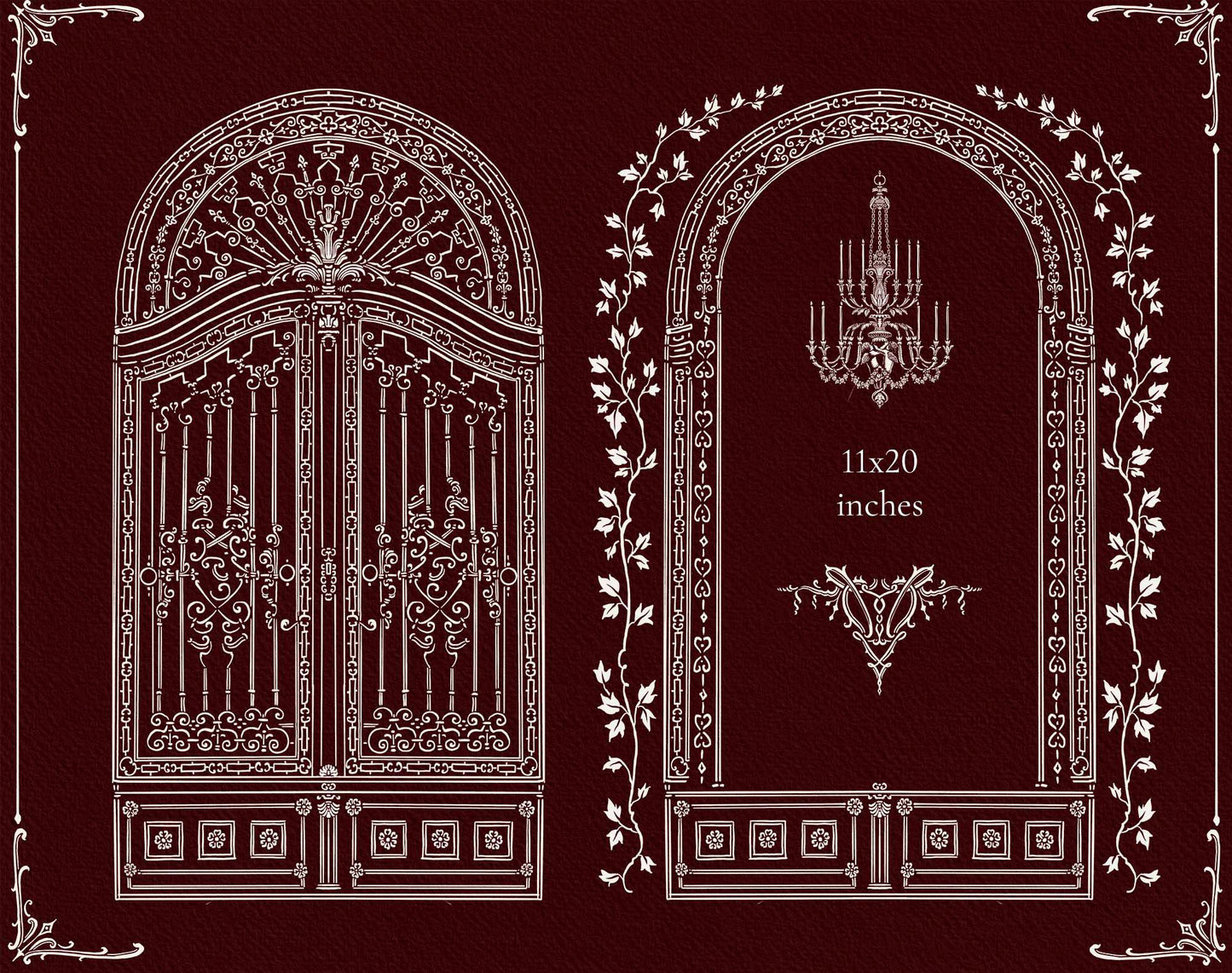 Two arched Gothic designs: an ornate double gate and a chandelier frame with floral vines.