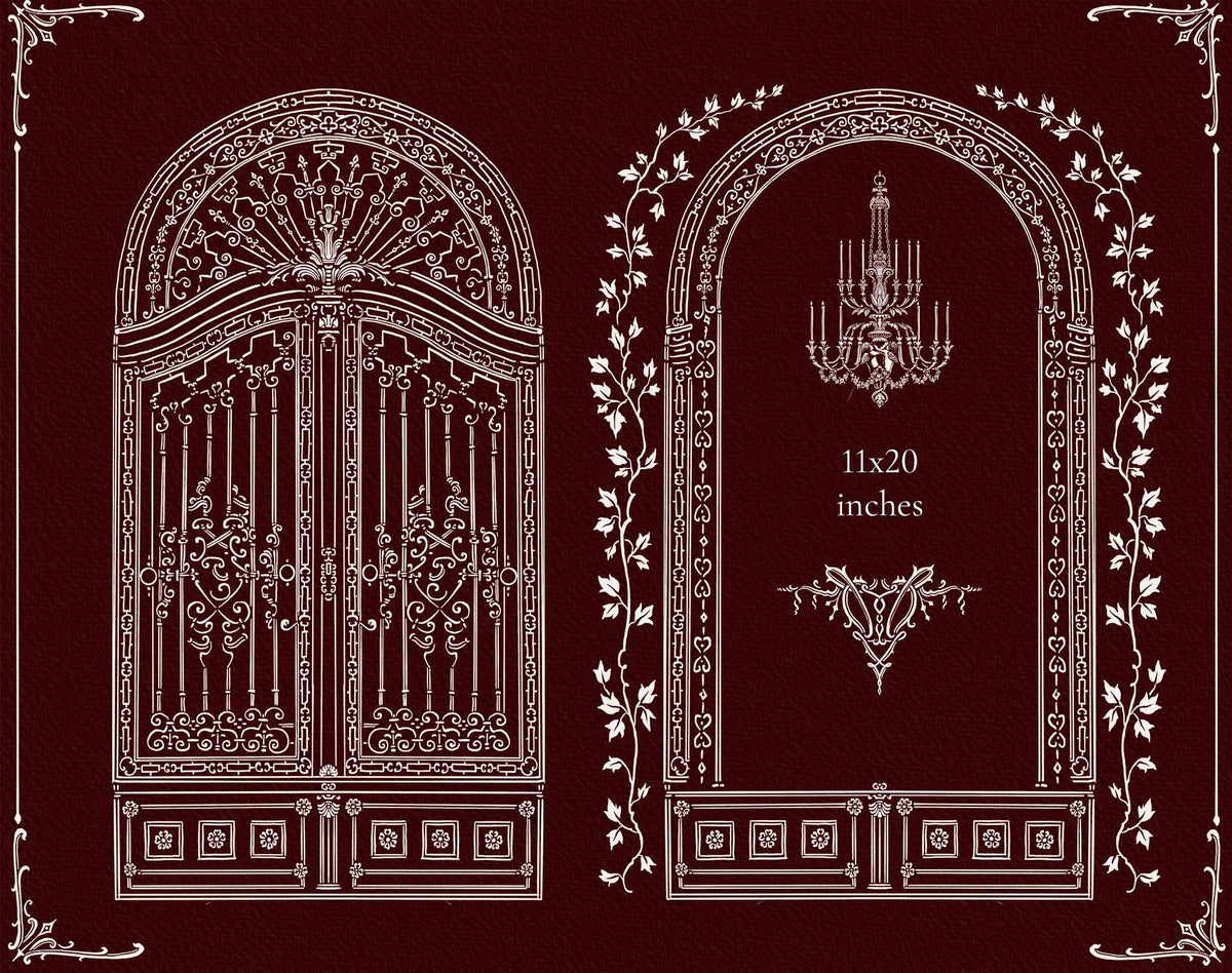 Two arched Gothic designs: an ornate double gate and a chandelier frame with floral vines.