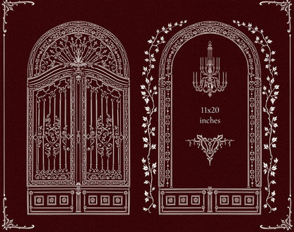 Two arched Gothic designs: an ornate double gate and a chandelier frame with floral vines.