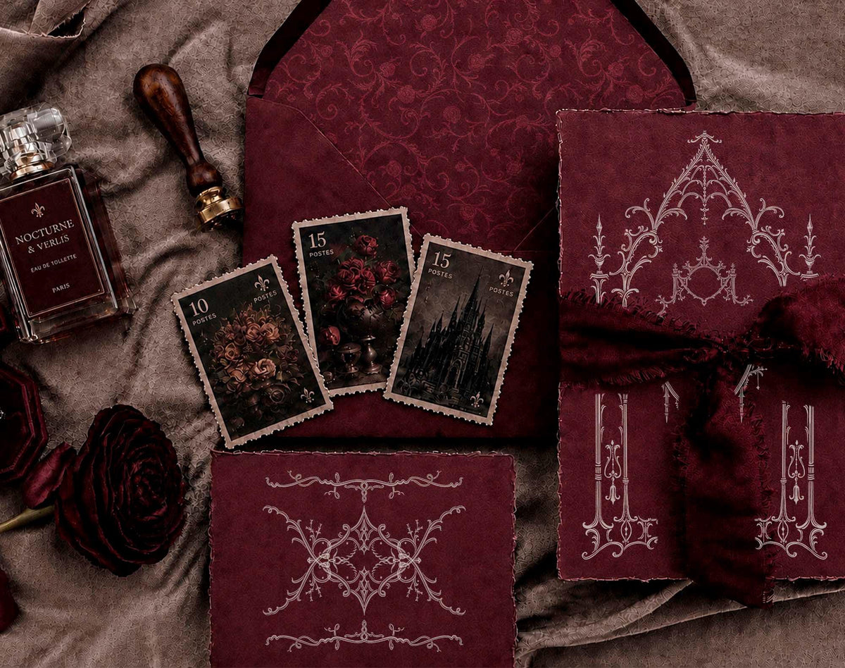Burgundy stationery and card mockup styled with Gothic floral borders, ornate frames, a rose, wax seal, and vintage accessories.