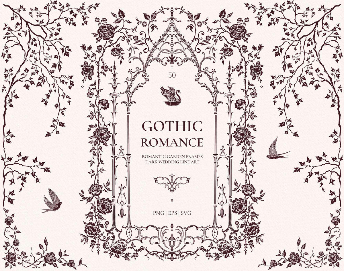 Gothic Romance collection cover in an ivory colorway with a pointed floral arch, roses, vines, swan, and swallow illustrations.
