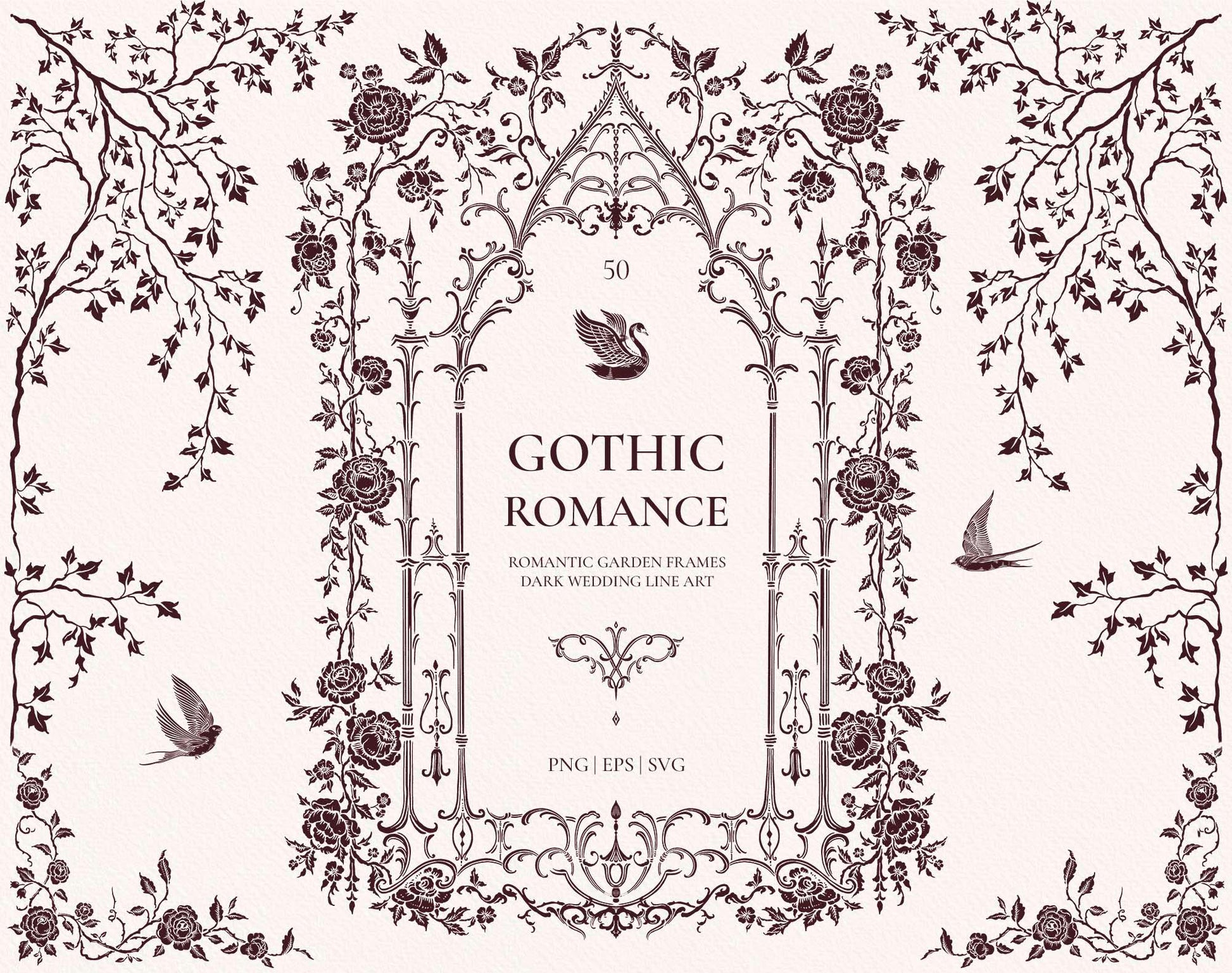 Gothic Romance collection cover in an ivory colorway with a pointed floral arch, roses, vines, swan, and swallow illustrations.