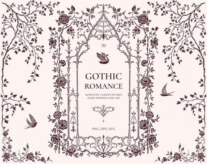Gothic Romance collection cover in an ivory colorway with a pointed floral arch, roses, vines, swan, and swallow illustrations.