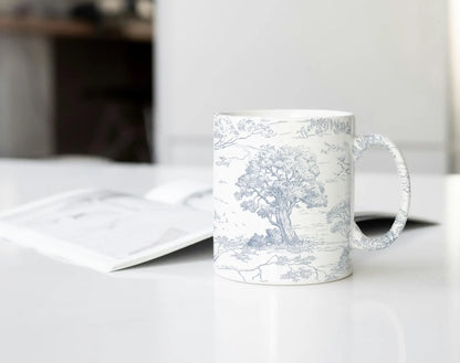Ceramic mug wrapped with Toile de Jouy Blue pattern