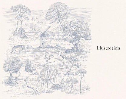 Toile de Jouy Illustration of a landscape with animals and a windmill on a light gray background