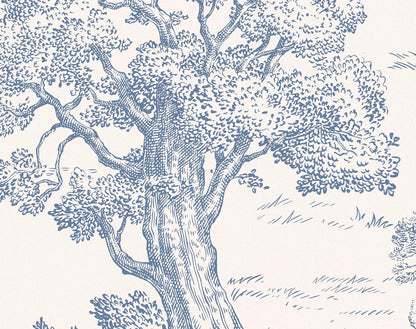 Close-up of engraved tree detail from Toile de Jouy Blue