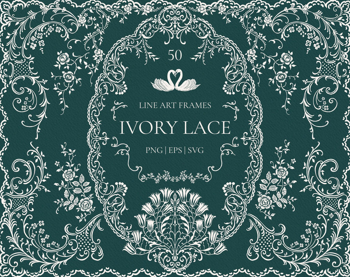 Ivory Lace line art frames collection cover with an ornate floral lace border and central swan motif on dark green.