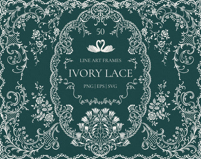Ivory Lace line art frames collection cover with an ornate floral lace border and central swan motif on dark green.