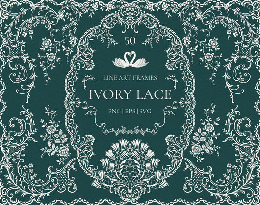 Ivory Lace line art frames collection cover with an ornate floral lace border and central swan motif on dark green.