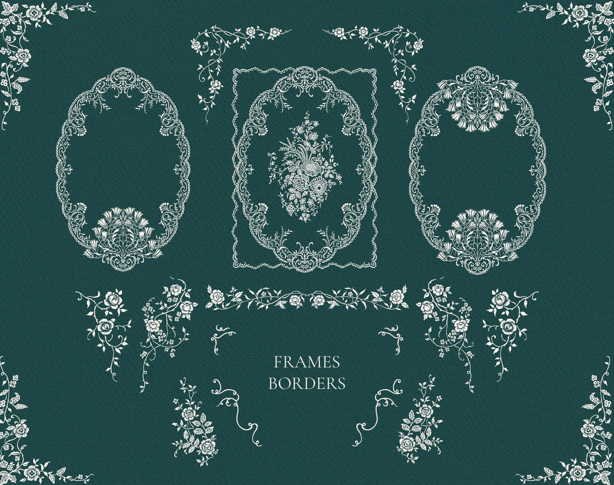 Selection of Ivory Lace oval and rectangular floral line art frames and decorative borders on dark green.