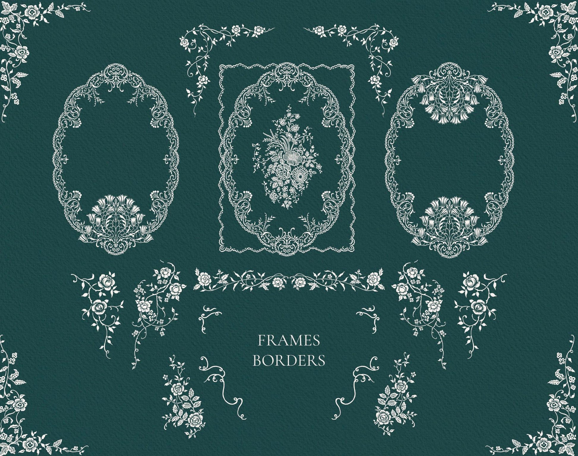 Selection of Ivory Lace oval and rectangular floral line art frames and decorative borders on dark green.