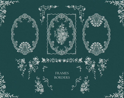 Selection of Ivory Lace oval and rectangular floral line art frames and decorative borders on dark green.
