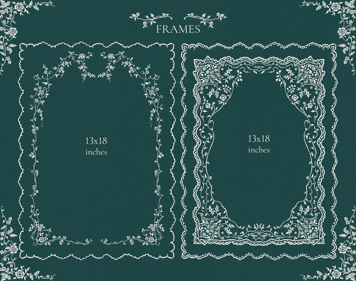 Two tall Ivory Lace floral line art frames shown as 13 by 18 inch layouts on dark green.