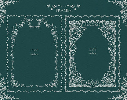 Two tall Ivory Lace floral line art frames shown as 13 by 18 inch layouts on dark green.