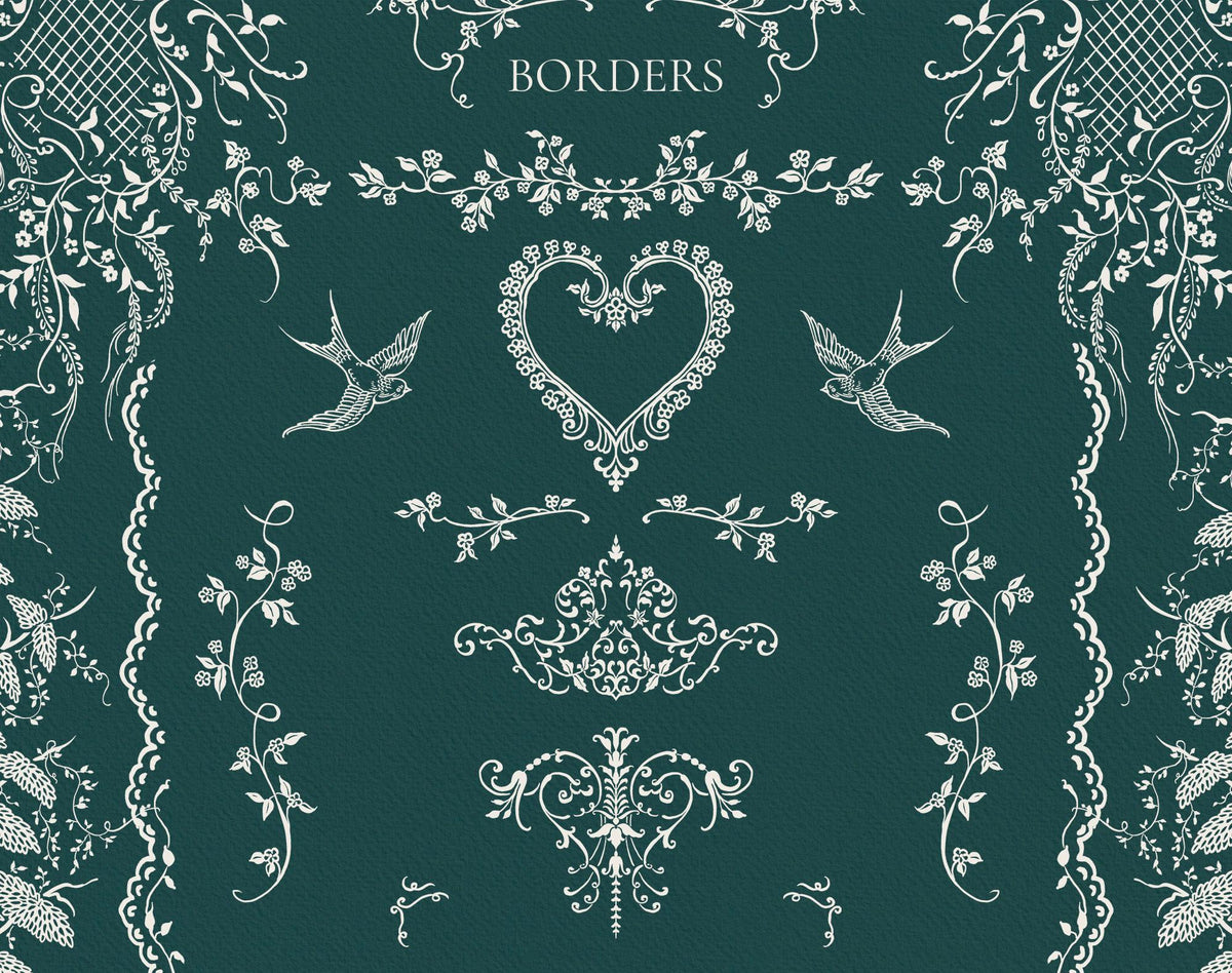 Ivory Lace border elements featuring a heart-shaped frame, swallows, floral sprigs, and ornamental flourishes.