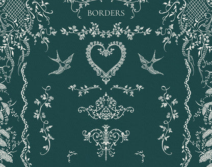 Ivory Lace border elements featuring a heart-shaped frame, swallows, floral sprigs, and ornamental flourishes.