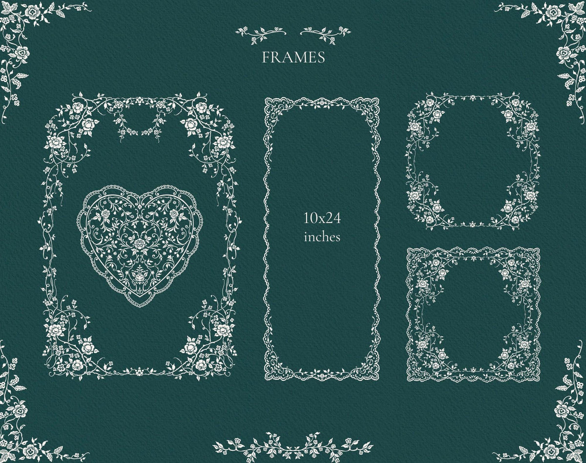 Ivory Lace frame selection with a heart detail, tall menu-style frame, and smaller floral frames.