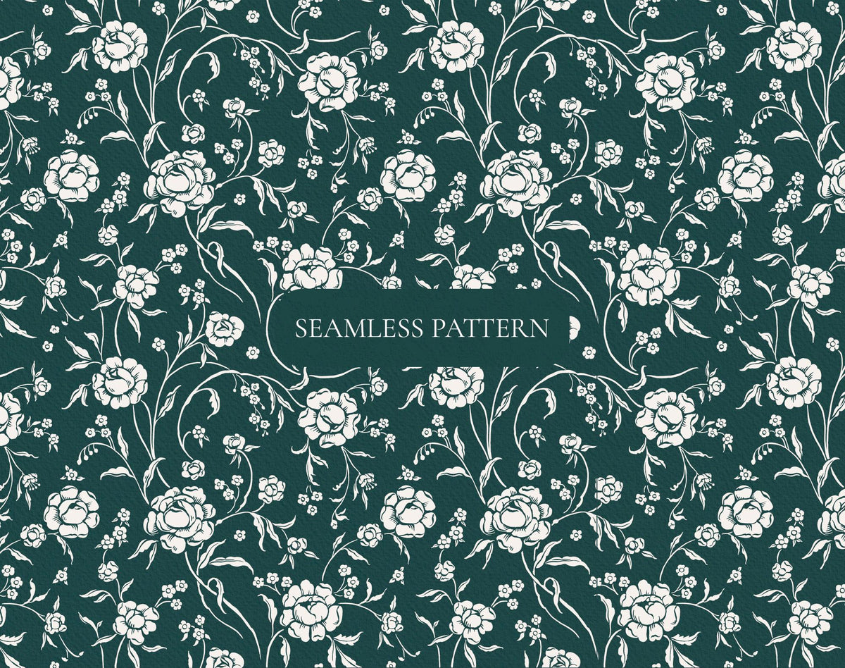 Ivory Lace seamless pattern preview with repeating white floral vines on a dark green background.