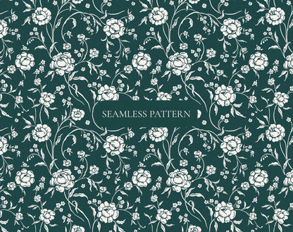 Ivory Lace seamless pattern preview with repeating white floral vines on a dark green background.