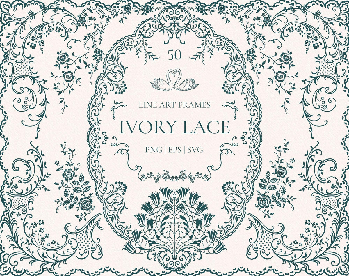 Ivory Lace line art frames collection cover with ornate floral lace border on an ivory background.