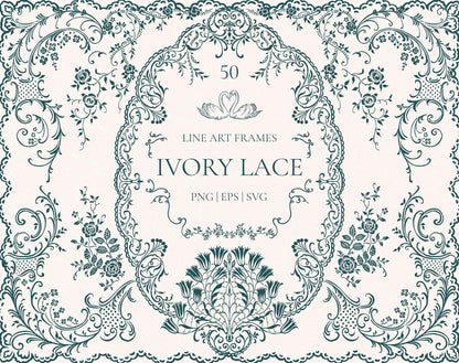 Ivory Lace line art frames collection cover with ornate floral lace border on an ivory background.