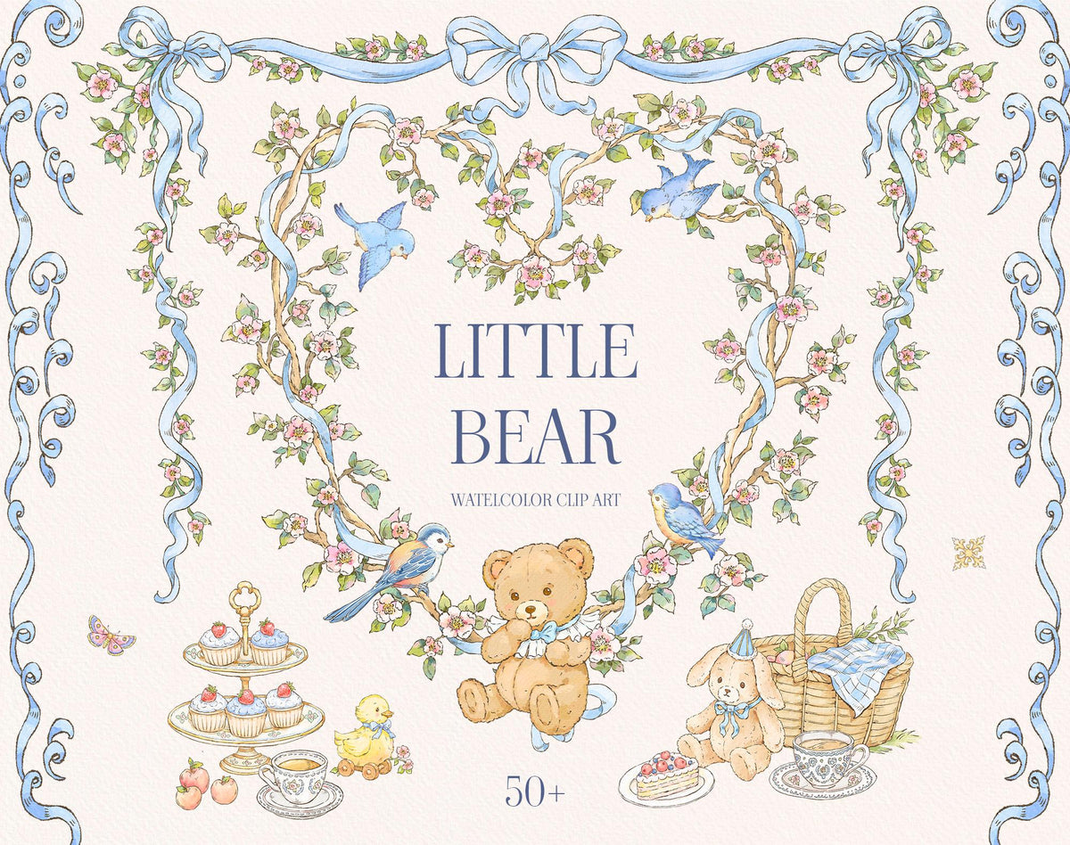 Little Bear watercolor clipart collection cover with floral blue-ribbon frame, teddy bear, birds, tea set, and picnic basket.