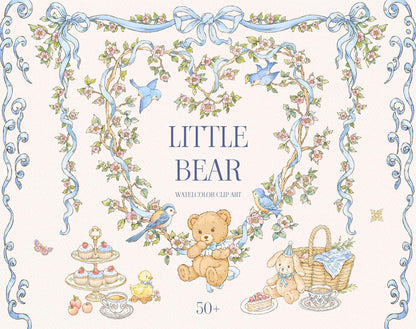 Little Bear watercolor clipart collection cover with floral blue-ribbon frame, teddy bear, birds, tea set, and picnic basket.