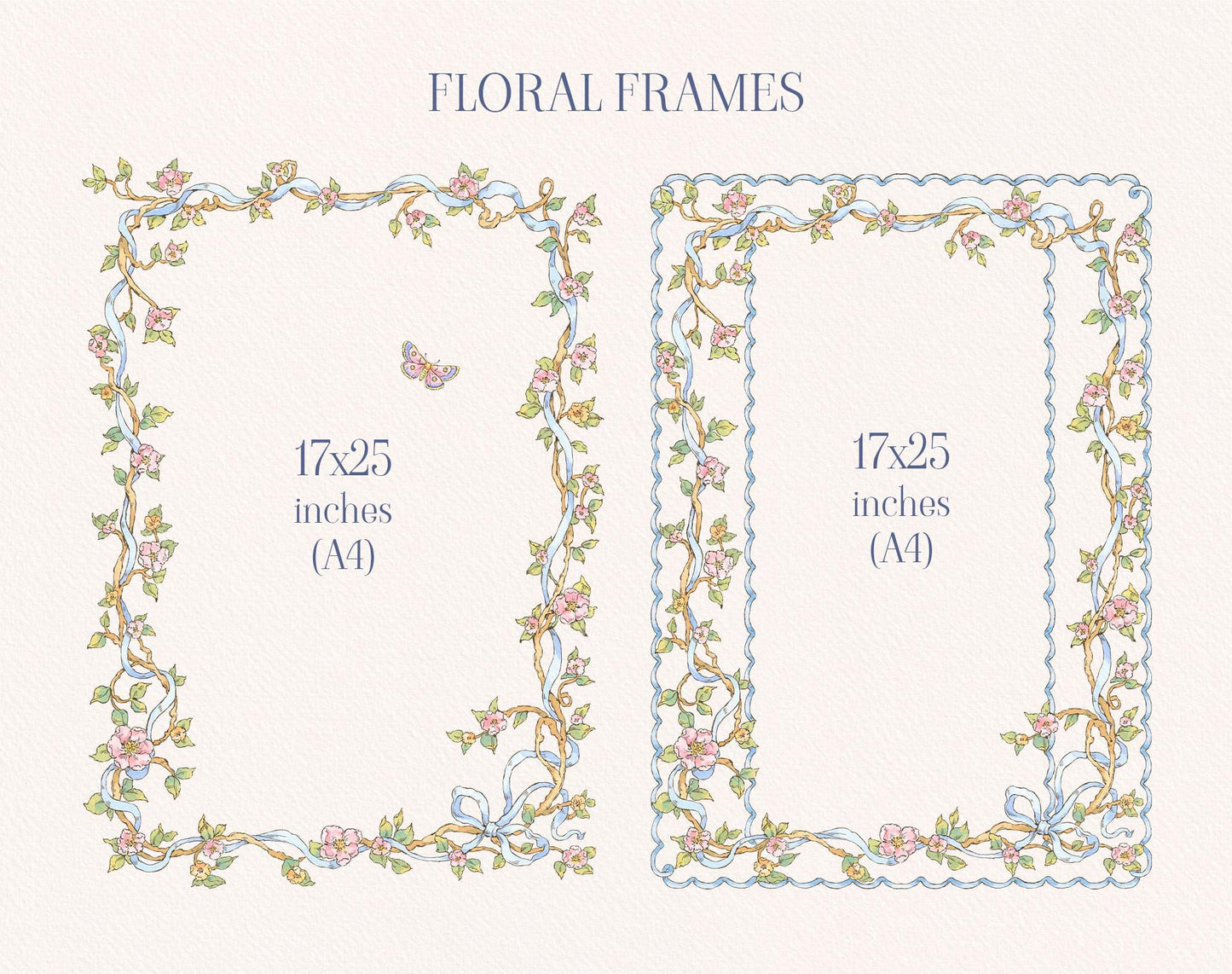 Two rectangular Little Bear floral frames with delicate vines, blue ribbons, and scalloped blue edging.