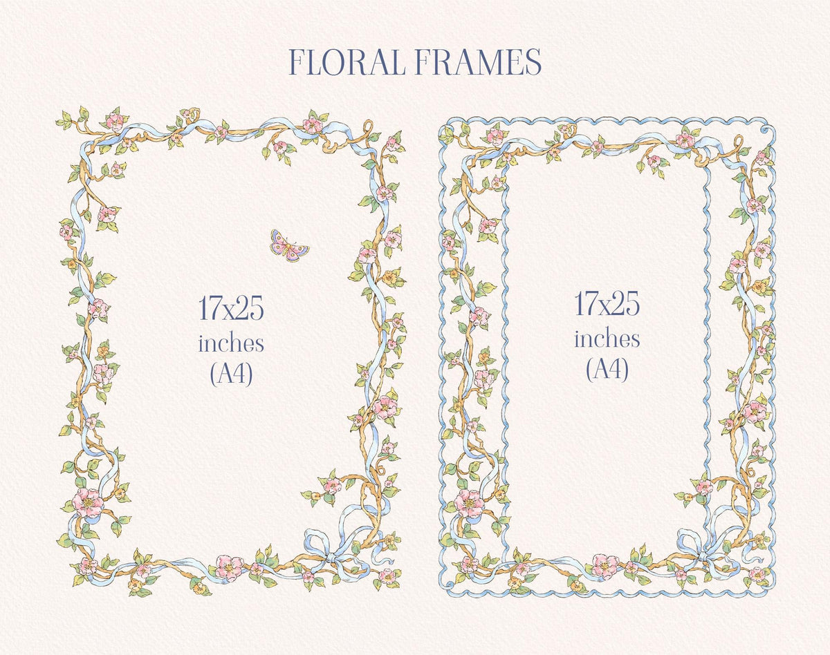 Two rectangular Little Bear floral frames with delicate vines, blue ribbons, and scalloped blue edging.