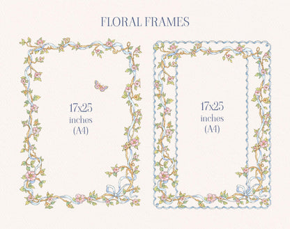 Two rectangular Little Bear floral frames with delicate vines, blue ribbons, and scalloped blue edging.