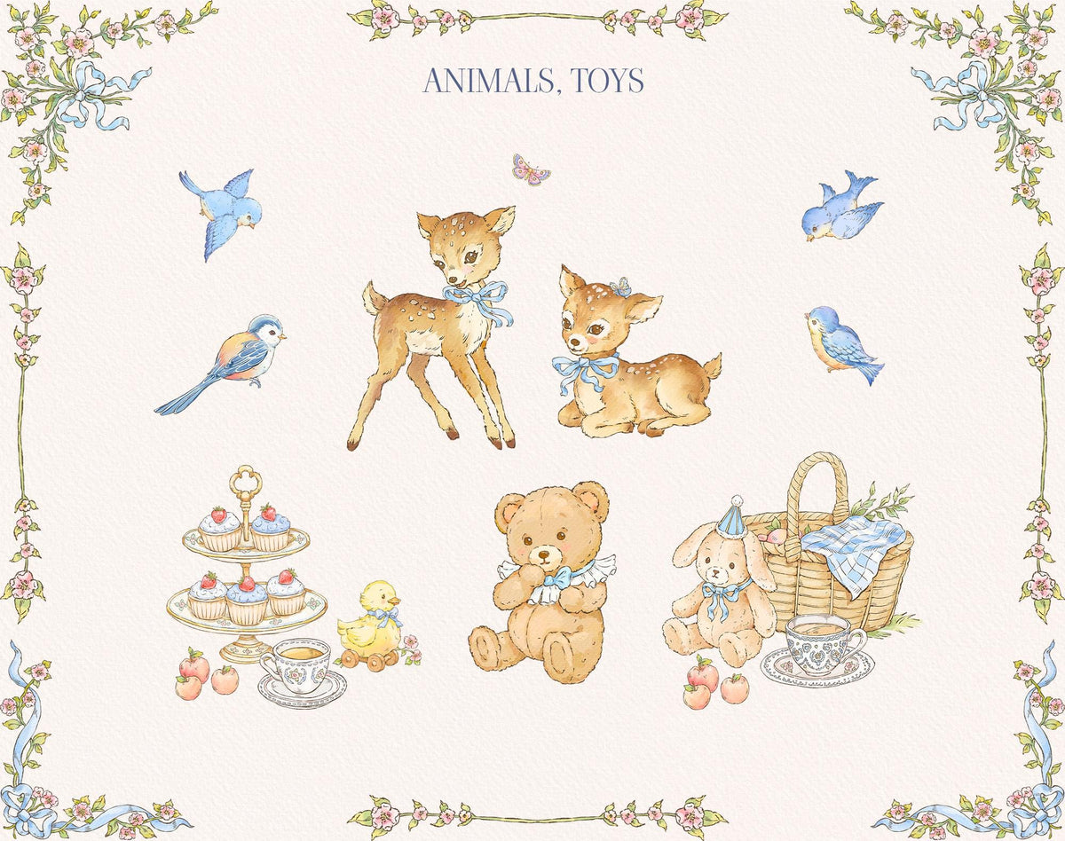 Little Bear animal and toy watercolor elements including a teddy bear, bunny toy, young deer, blue birds, sweets, and picnic basket.