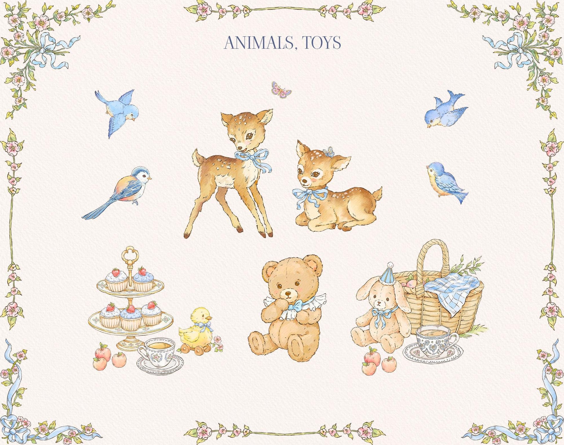 Little Bear animal and toy watercolor elements including a teddy bear, bunny toy, young deer, blue birds, sweets, and picnic basket.