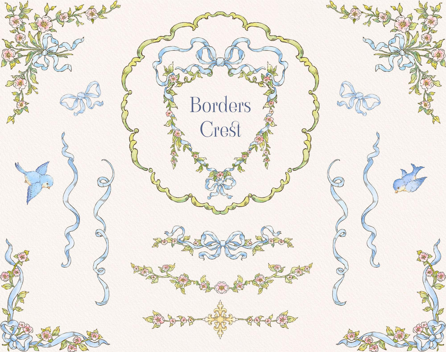 Little Bear decorative borders and crest elements with blue bows, floral garlands, birds, and ribbon flourishes.