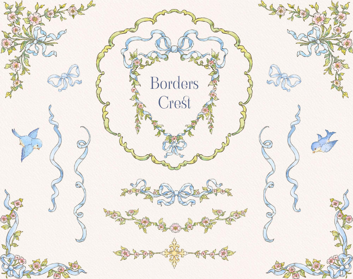 Little Bear decorative borders and crest elements with blue bows, floral garlands, birds, and ribbon flourishes.