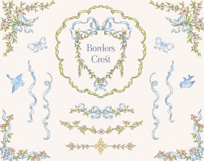 Little Bear decorative borders and crest elements with blue bows, floral garlands, birds, and ribbon flourishes.