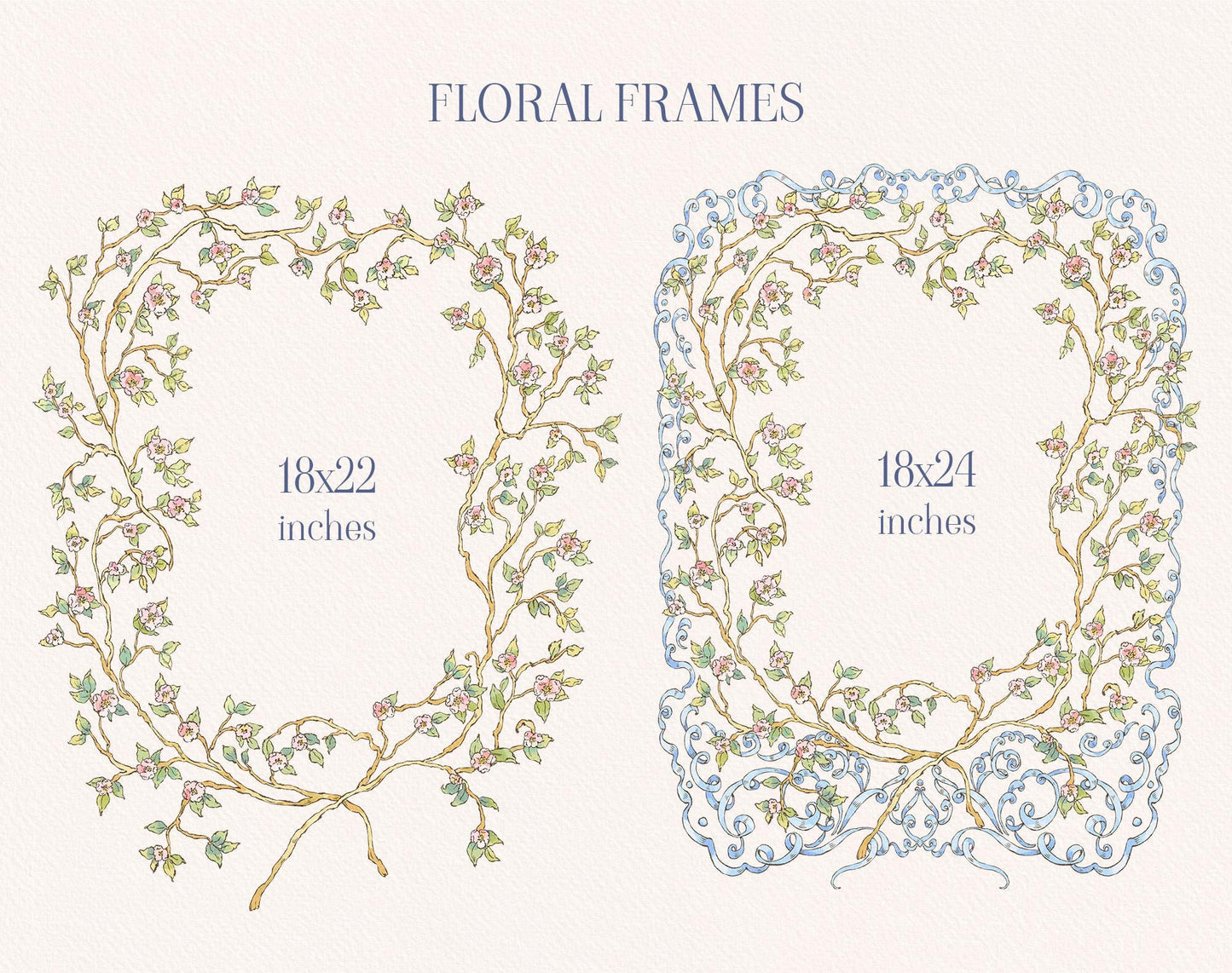 Two tall watercolor floral frames from Little Bear, one with a tied floral bow and one with blue ribbon detailing.