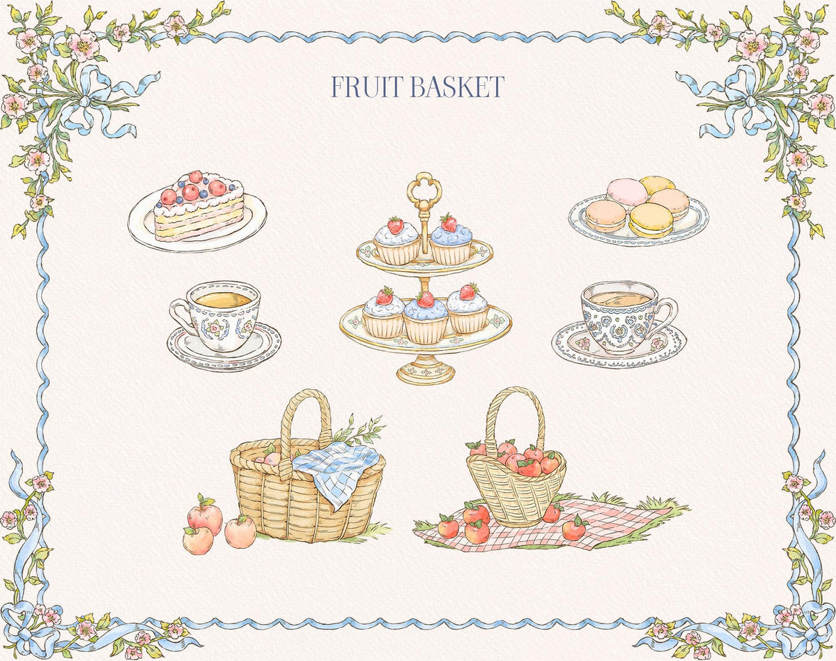 Little Bear tea-party and picnic clipart including cakes, macarons, teacups, fruit baskets, and a floral border.
