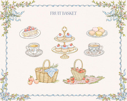 Little Bear tea-party and picnic clipart including cakes, macarons, teacups, fruit baskets, and a floral border.