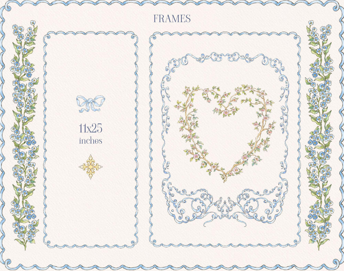 Little Bear frame designs with blue scalloped borders, floral side sprigs, bows, and a heart-shaped floral wreath.