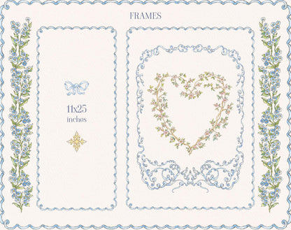 Little Bear frame designs with blue scalloped borders, floral side sprigs, bows, and a heart-shaped floral wreath.