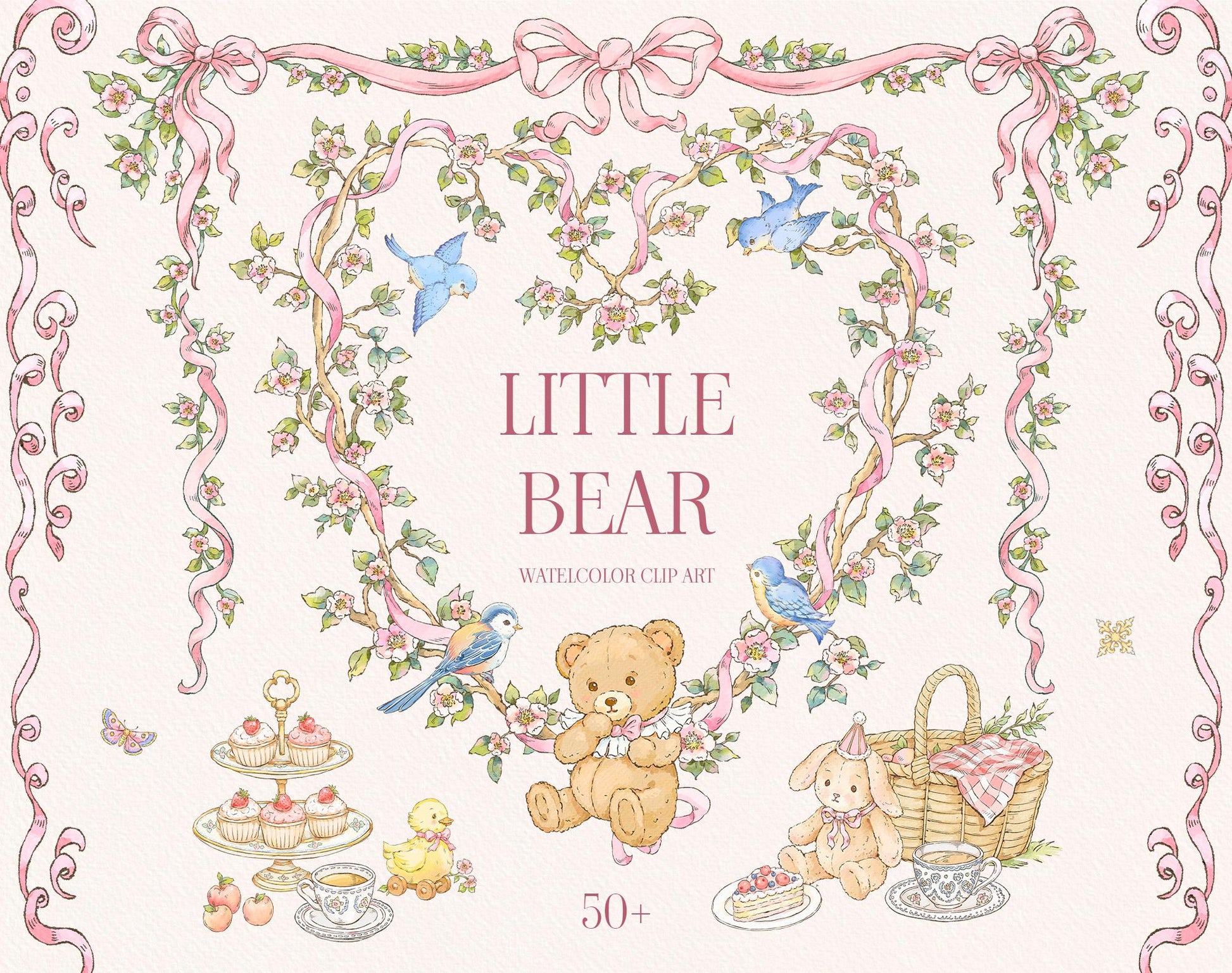 Little Bear Girl watercolor clipart cover with a teddy bear, bunny, floral wreath, pink bows, blue birds, and tea-party details.
