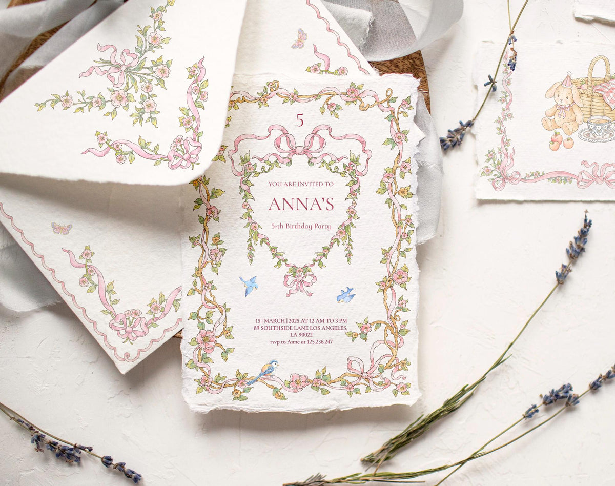 Little Bear Girl floral frame artwork shown on a printed birthday invitation beside a matching envelope and lavender sprigs.